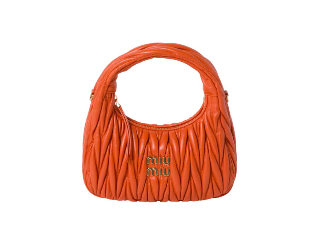 Miu Miu Miu Miu Wander Matelassé Nappa Leather Hobo Bag In Metal Lettering Logo-Gold Tone Hardware Orange
