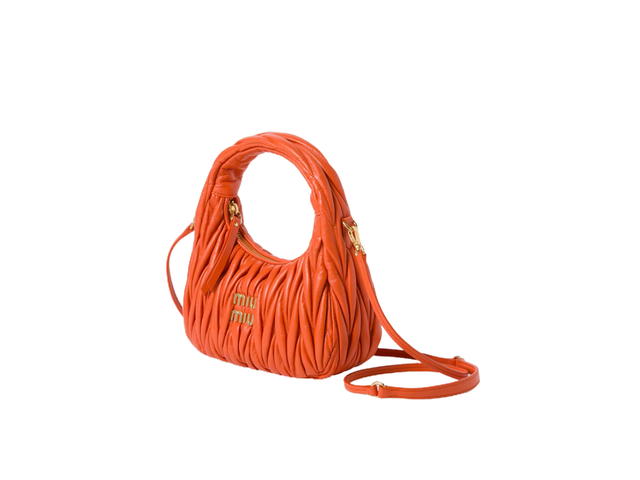 Miu Miu Miu Miu Wander Matelassé Nappa Leather Hobo Bag In Metal Lettering Logo-Gold Tone Hardware Orange - view 3