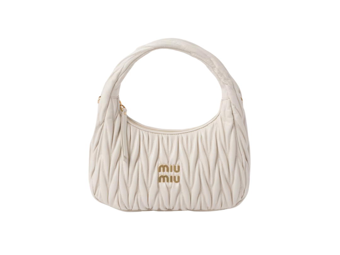 Miu Miu Miu Miu Wander Matelassé Nappa Leather Hobo Bag In Metal Lettering Logo-Gold Tone Hardware White