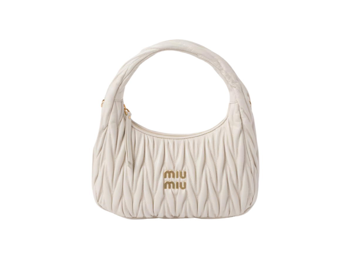 Miu Miu Miu Miu Wander Matelassé Nappa Leather Hobo Bag In Metal Lettering Logo-Gold Tone Hardware White
