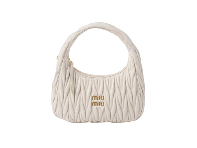 Miu Miu Miu Miu Wander Matelassé Nappa Leather Hobo Bag In Metal Lettering Logo-Gold Tone Hardware White - view 1