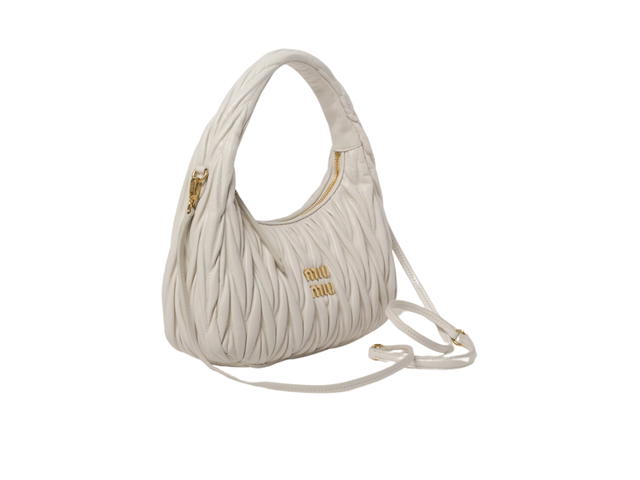 Miu Miu Miu Miu Wander Matelassé Nappa Leather Hobo Bag In Metal Lettering Logo-Gold Tone Hardware White - view 3