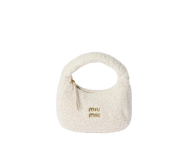 Miu Miu Miu Miu Wander Shearling Hobo Bag With Gold-Tone Steel Finish Metal Hardware Ivory - view 1