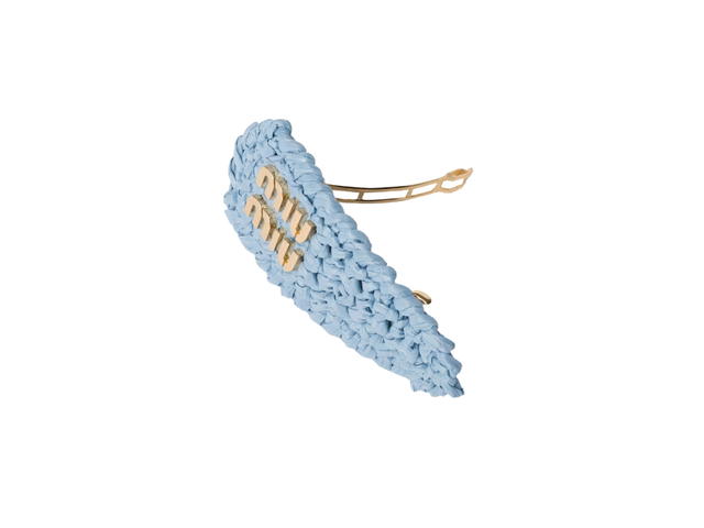 Miu Miu Miu Miu Woven Fabric Hair Clip With Metal Lettering Logo Light Blue - view 2