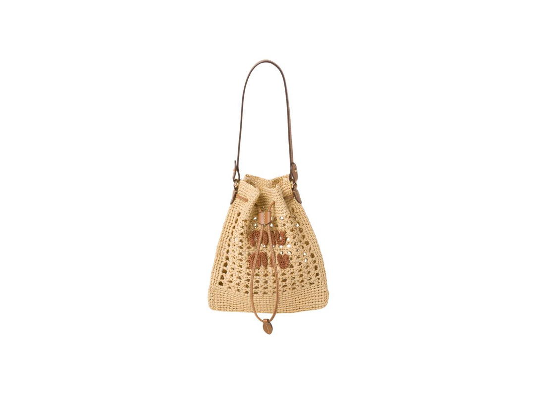 Miu Miu Miu Miu Woven Fabric Mini-Bag With Embroidered Lettering Logo Beige-Cognac