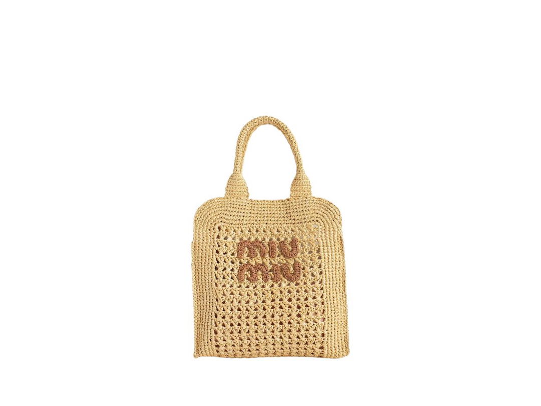 Miu Miu Miu Miu Woven Raffia Tote Bag With Lettering Logo Natural