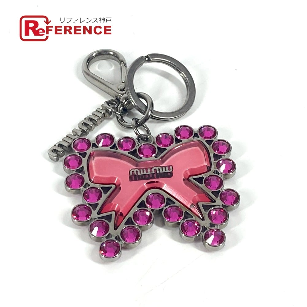 Miu Miu MIUMIU ribbon rhinestone ribbon Bag Charm Key Holder Metal pink