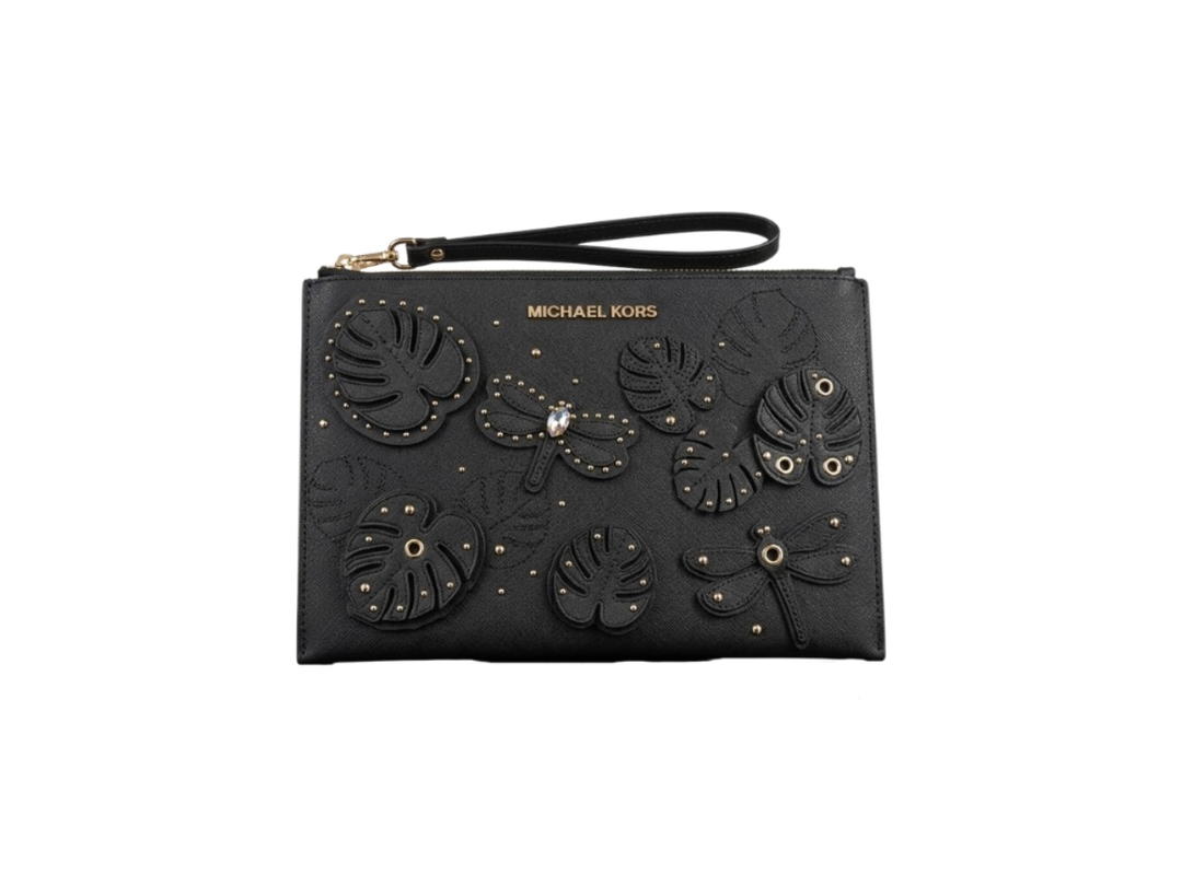 Michael Kors Michael Kors 3D Dragonfly & Monstera Leaf Appliqué Wristlet Black