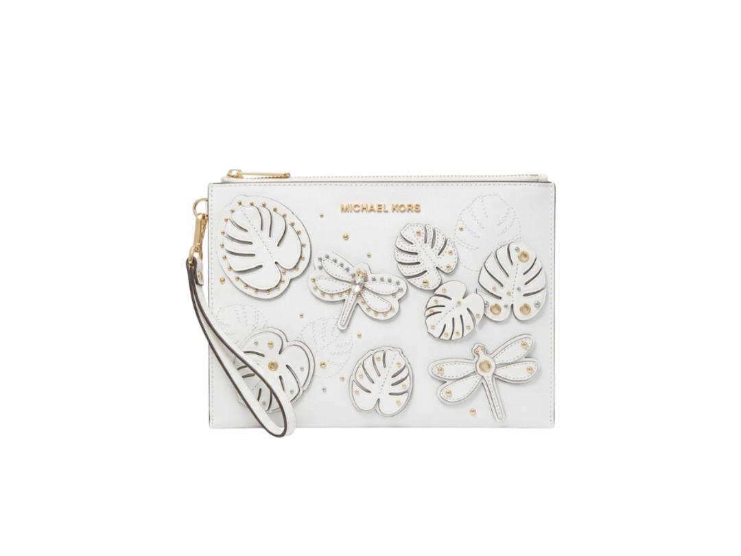 Michael Kors Michael Kors 3D Dragonfly & Monstera Leaf Appliqué Wristlet White