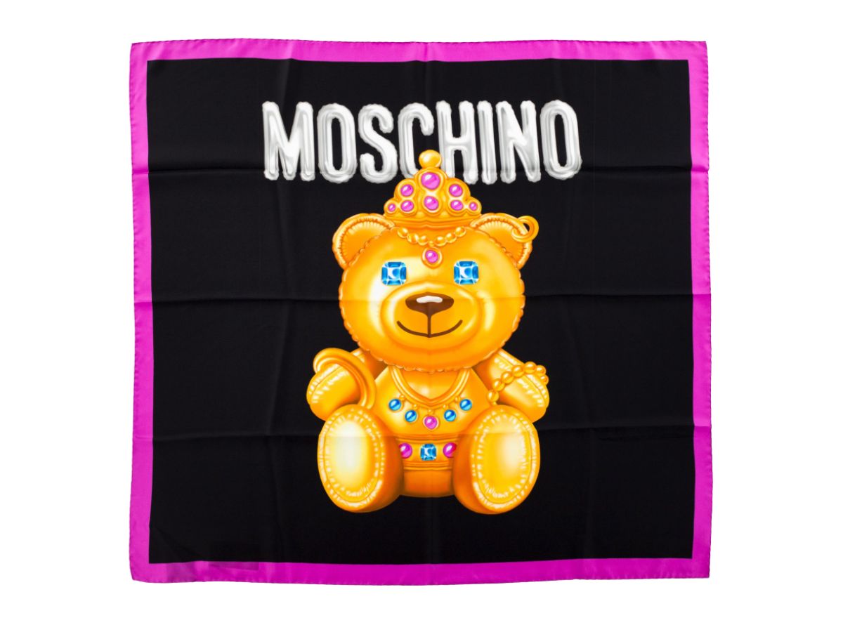 Moschino Moschino Women Silk Neckerchief Crowned Teddy Printed Foulard Scarf Black