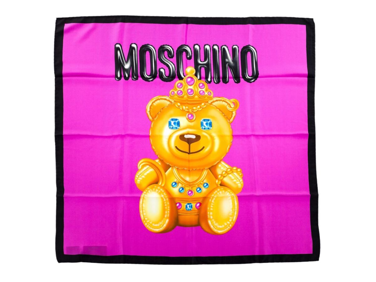 Moschino Moschino Women Silk Neckerchief Crowned Teddy Printed Foulard Scarf Fuchsia