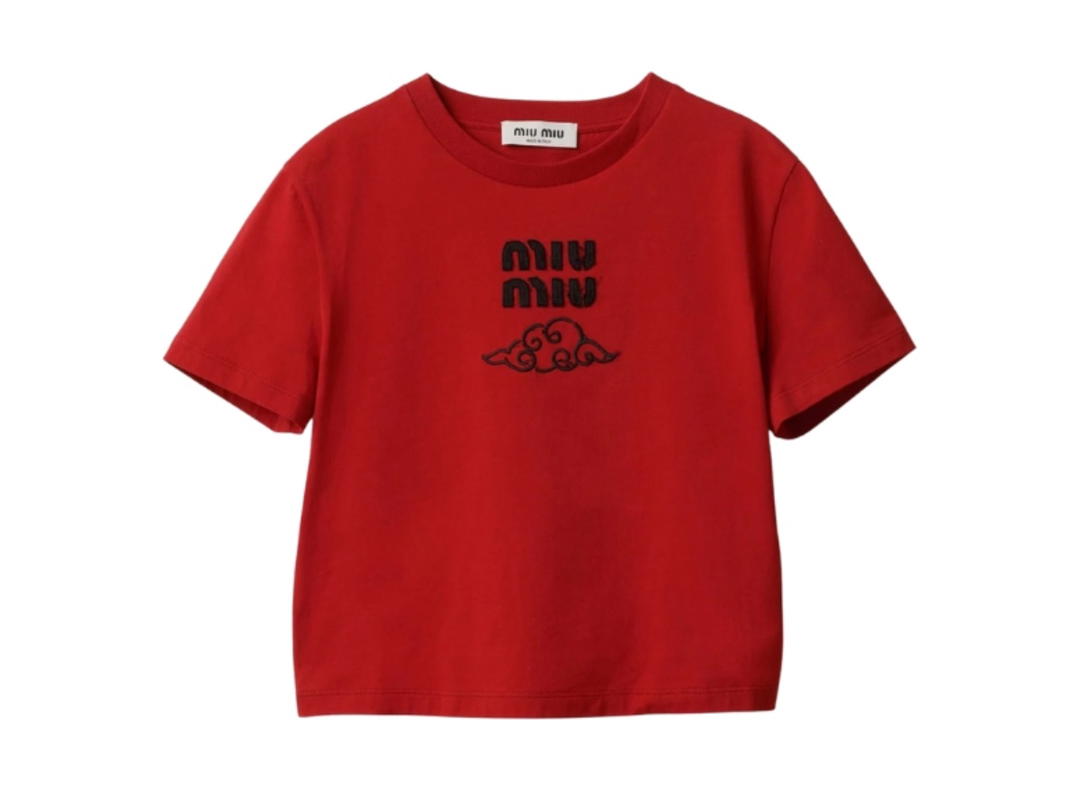 Miu Miu Miu Miu Embroidered Cotton T-shirt Red