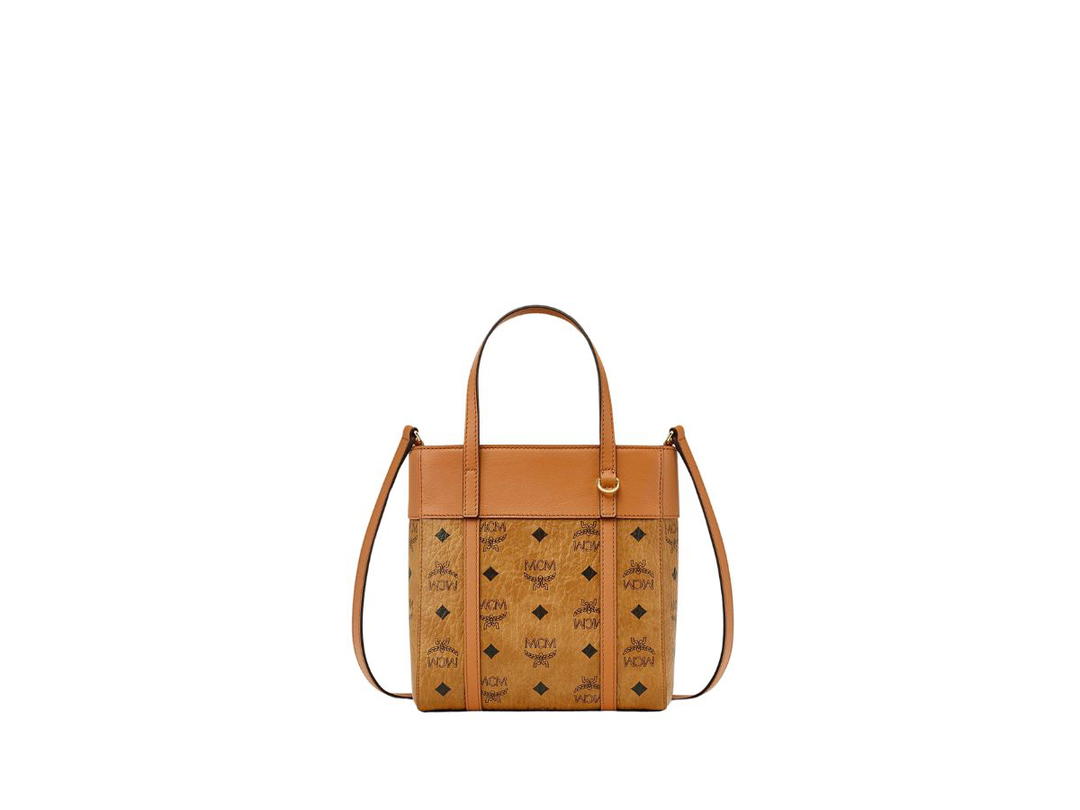 MCM MCM Mini Aren Top-Zip Shopper In Visetos Leather Mix With 24K Gold-Plated Metal Hardware Cognac