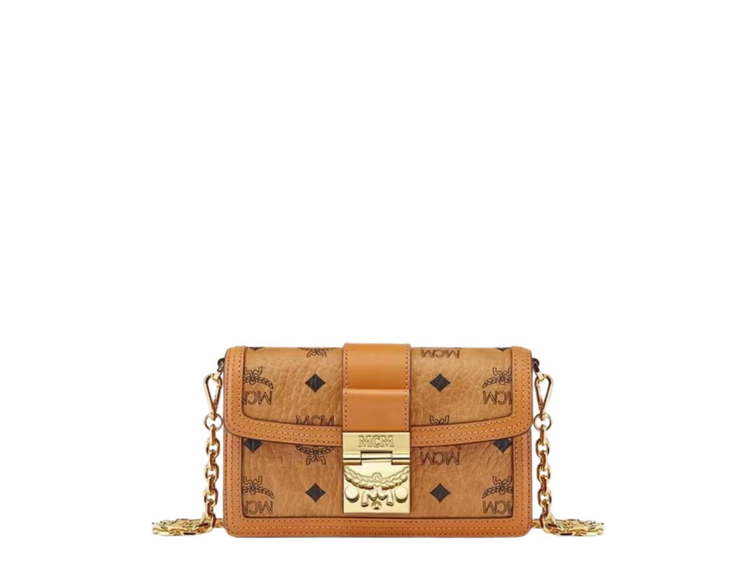 MCM MCM Mini Crossbody Chain Bag In Visetos And Vachetta Leather Cognac