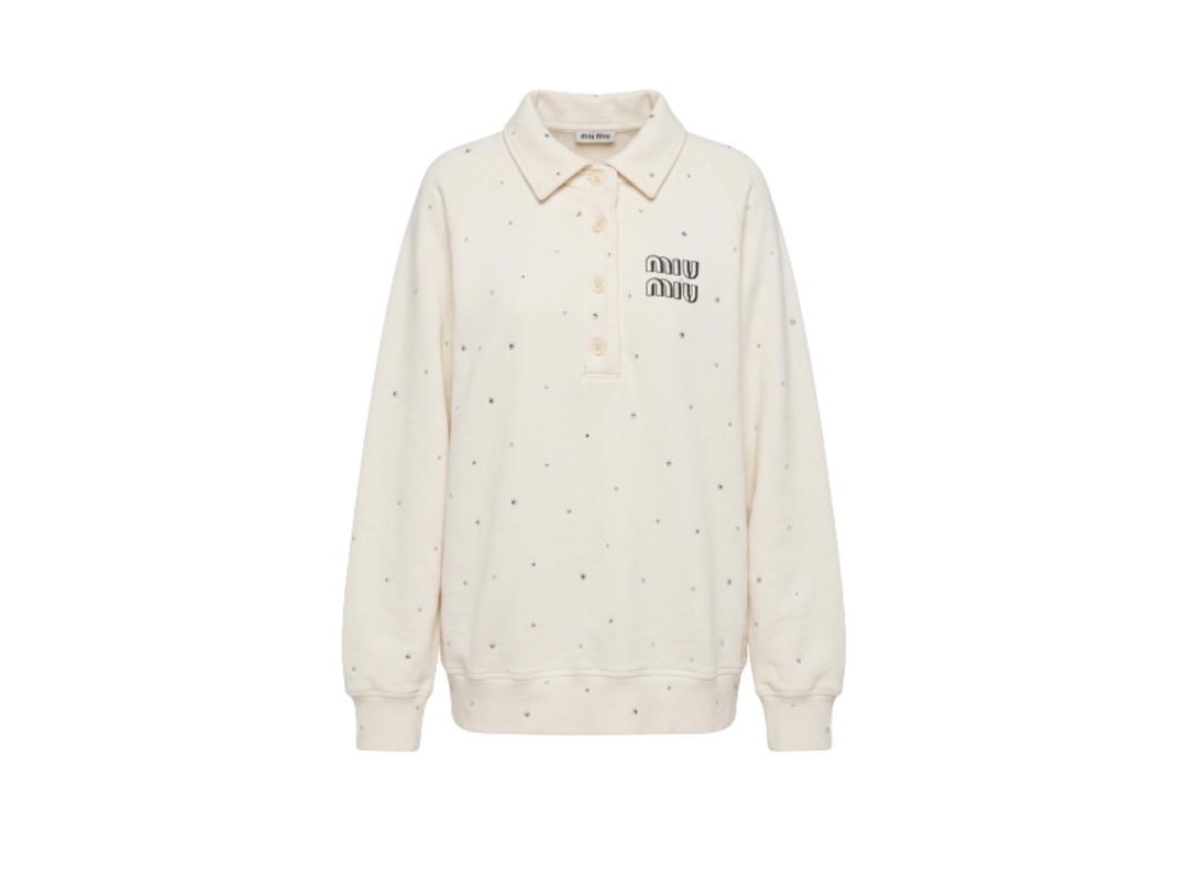 Miu Miu Miu Miu Logo Crystal Embellished Oversize Polo Sweatshirt White