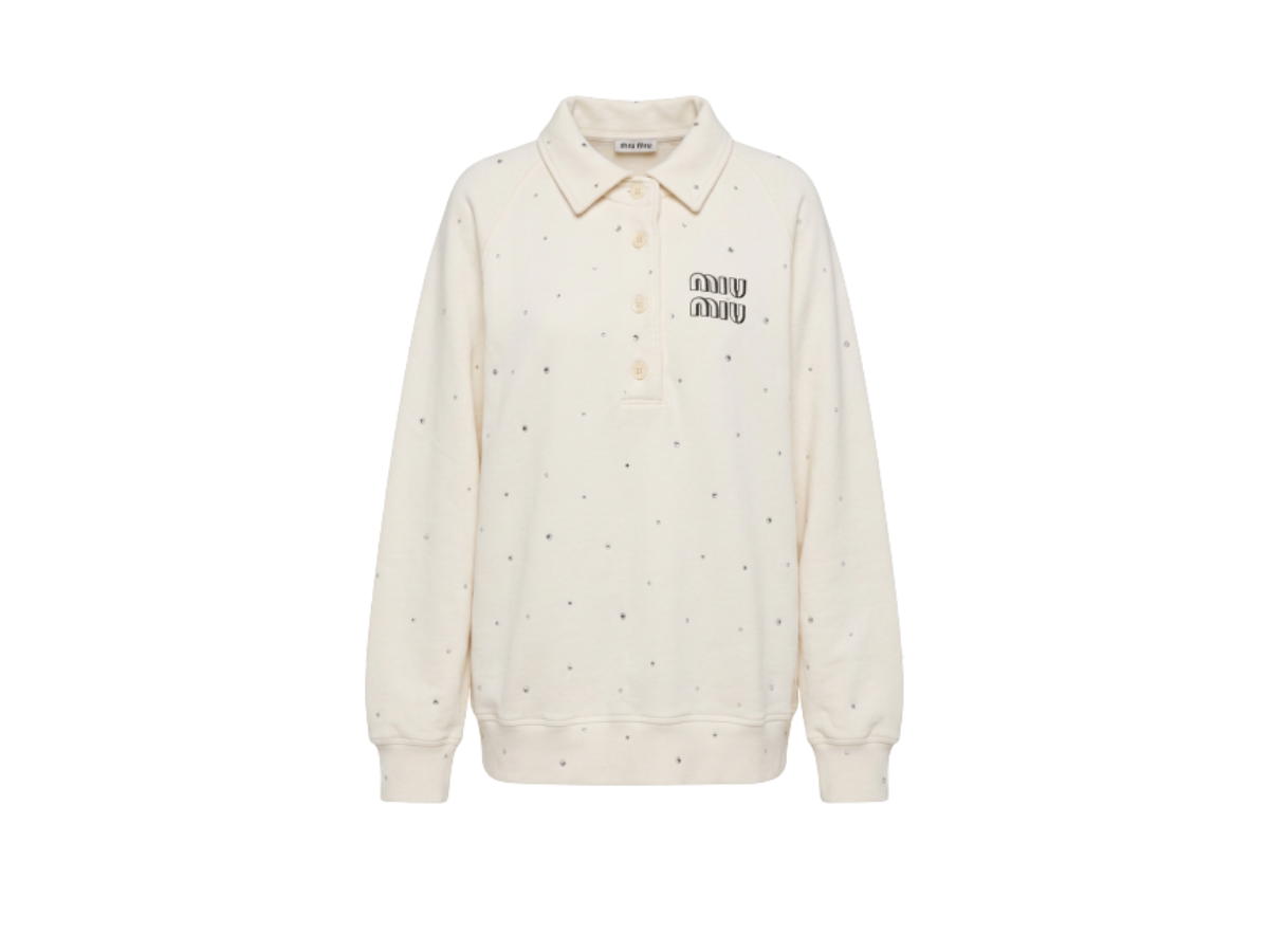 Miu Miu Miu Miu Logo Crystal Embellished Oversize Polo Sweatshirt White