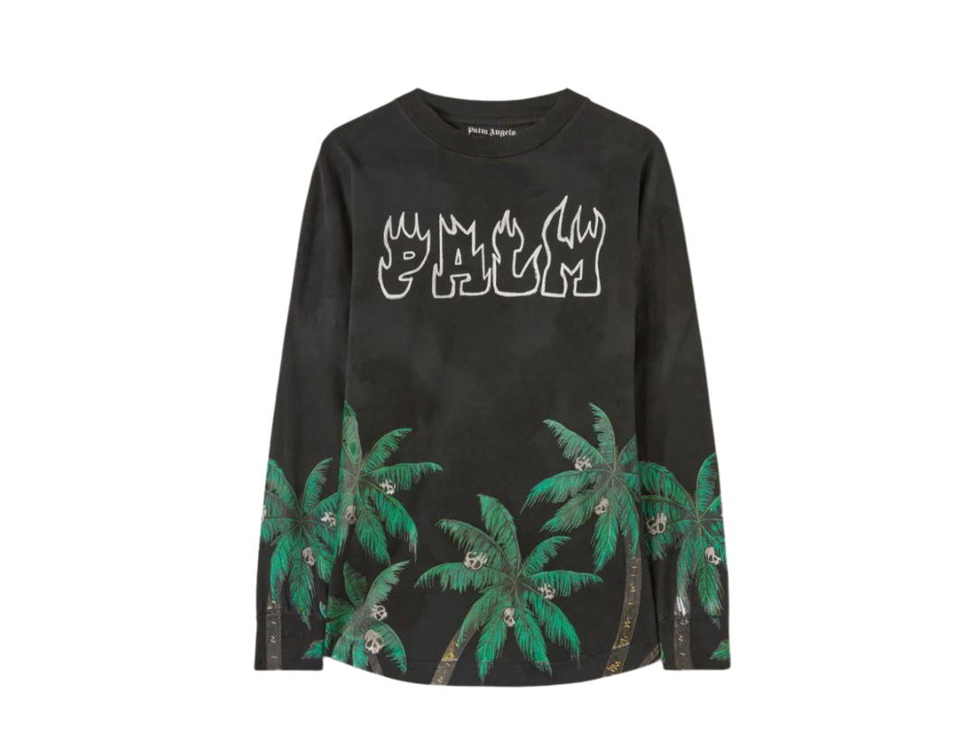 Palm Angels Palm Angels Palms And Skull Long Sleeved Over Tee Black Green