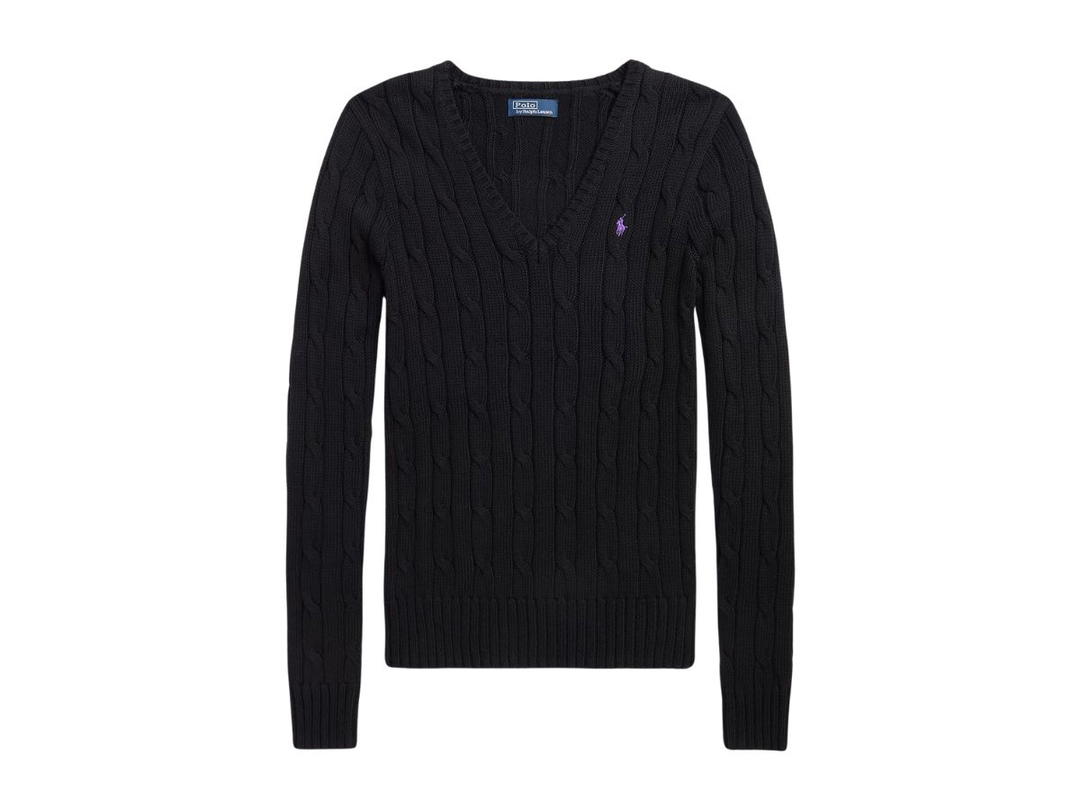 Polo Ralph Lauren Polo Ralph Lauren Cable-Knit Cotton V-Neck Sweater Black (W)