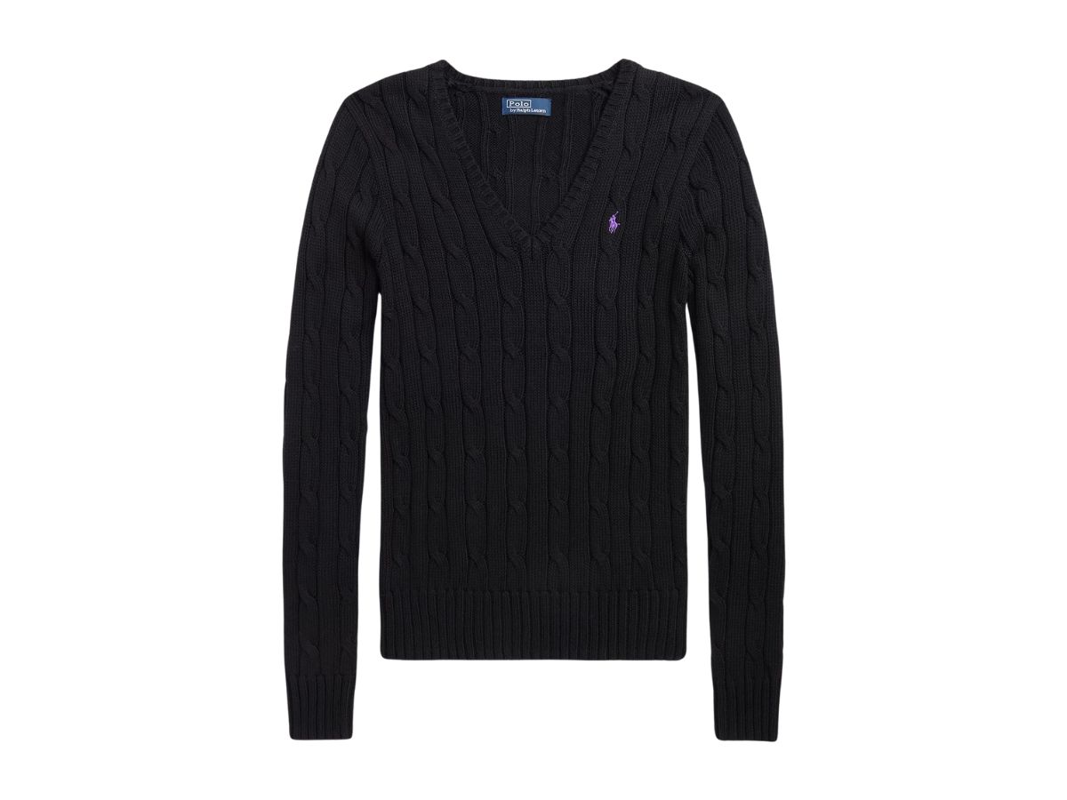 Polo Ralph Lauren Polo Ralph Lauren Cable-Knit Cotton V-Neck Sweater Black (W)