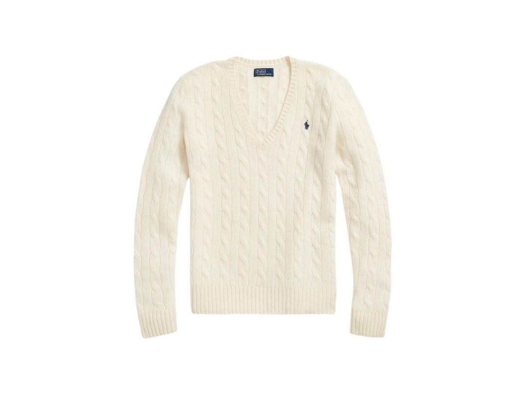 Polo Ralph Lauren Polo Ralph Lauren Cable-Knit Wool-Cashmere V-Neck Sweater Cream (W)