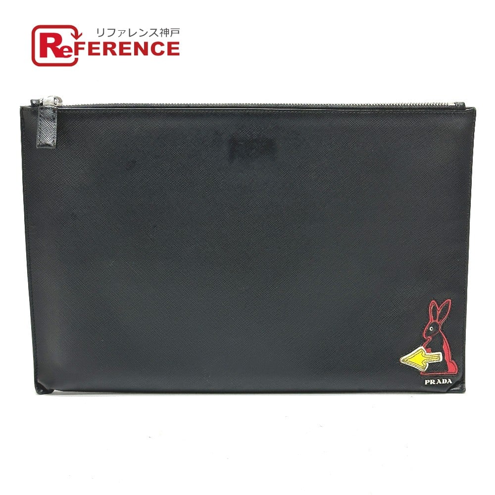 Prada PRADA 2NG001 logo rabbit Bag Clutch bag Safiano leather Black
