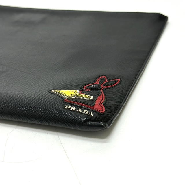 Prada PRADA 2NG001 logo rabbit Bag Clutch bag Safiano leather Black - view 4