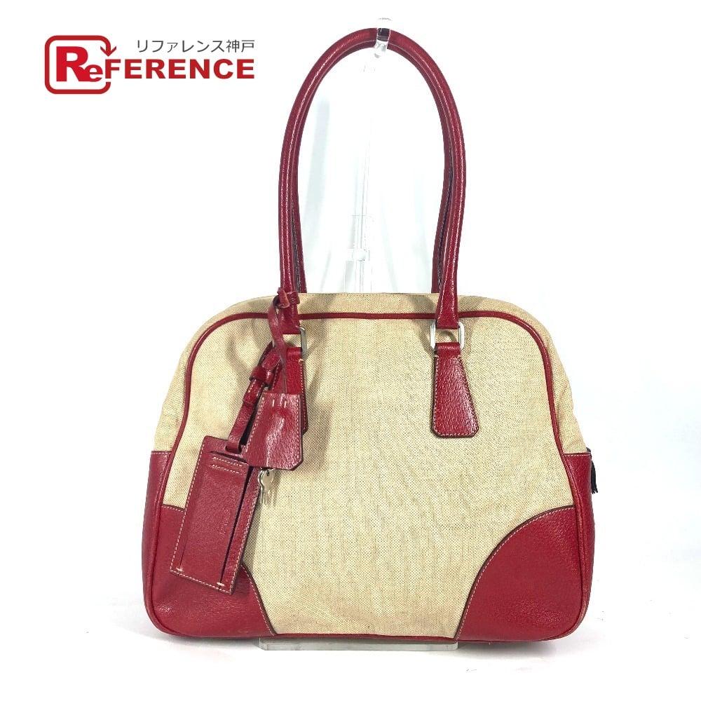 Prada PRADA Bicolor triangle logo plate Shoulder Bag Hand Bag Leather/Canvas Beige/Red