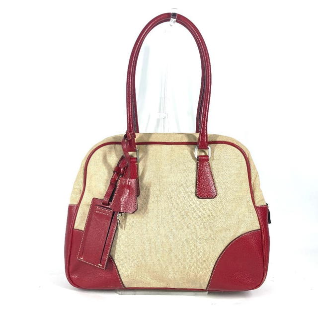 Prada PRADA Bicolor triangle logo plate Shoulder Bag Hand Bag Leather/Canvas Beige/Red - view 2