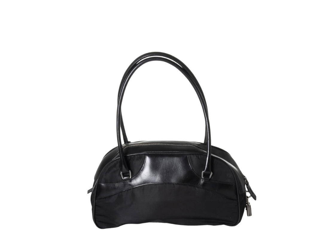 Prada Prada Bowler Bag In Nylon And Calf Leather With Enameled Metal Triangle Logo Black
