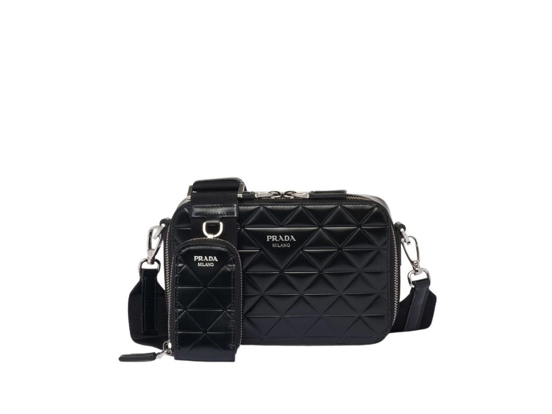 Prada Prada Brique Brushed Leather Bag With Triangle Motif And Hot-Stamped Logo Black