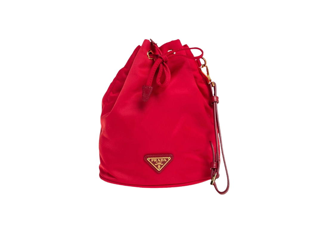 Prada Prada Bucket Pouch In Nylon And Leather With Enameled Metal Triangle Logo Rosso