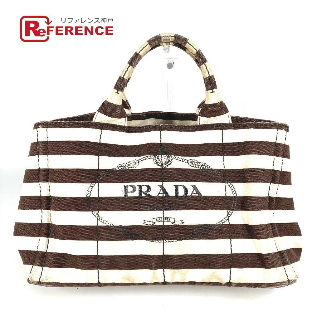 Prada PRADA Canapa logo border Bag Tote Bag Hand Bag Canvas Brown/White