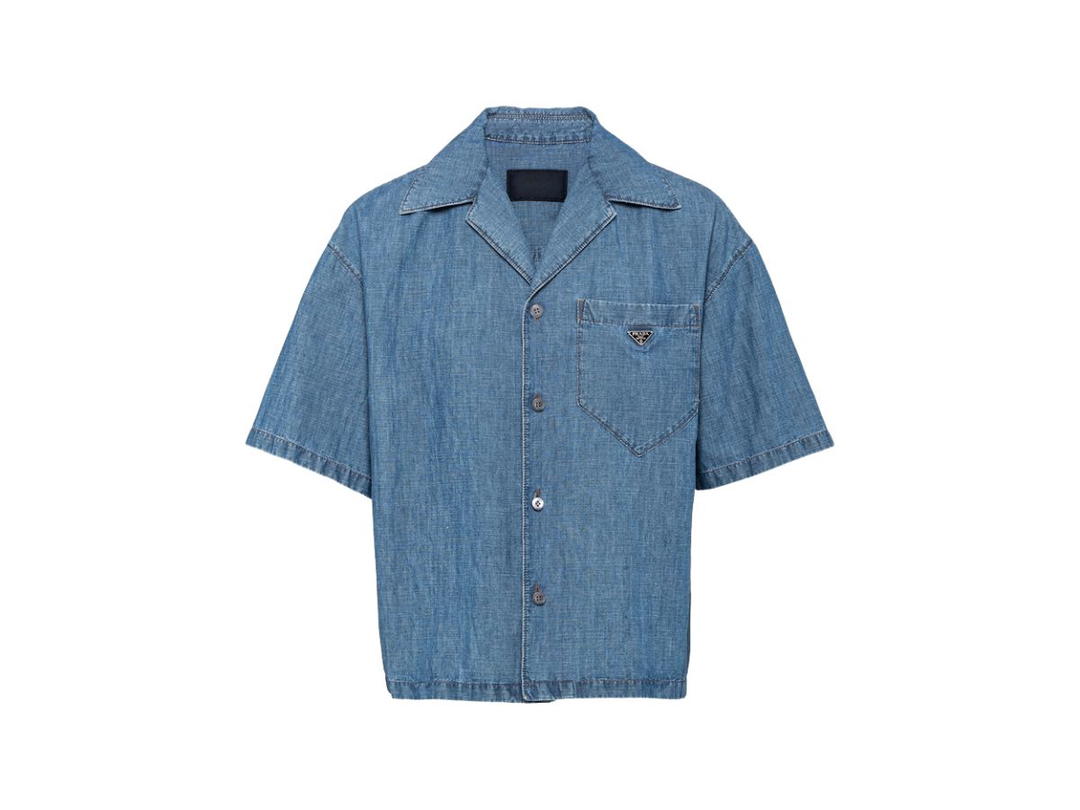 Prada Prada Chambray Shirt With Enameled Metal Triangle Logo Light Blue