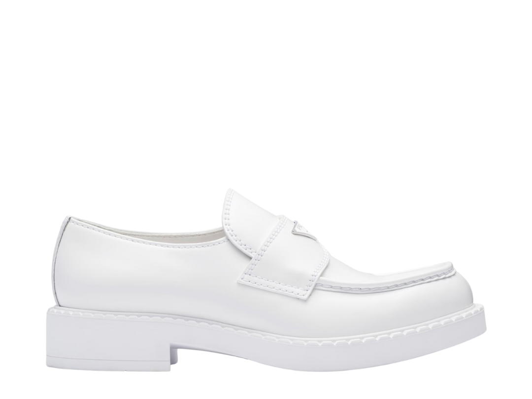 Prada Prada Chocolate Brushed Leather Loafers In Enameled Triangle Logo White