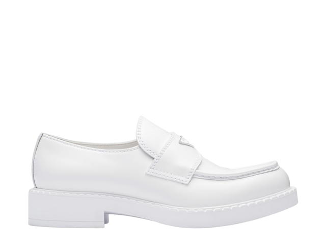 Prada Prada Chocolate Brushed Leather Loafers In Enameled Triangle Logo White - view 1