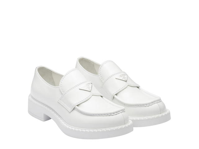 Prada Prada Chocolate Brushed Leather Loafers In Enameled Triangle Logo White - view 2