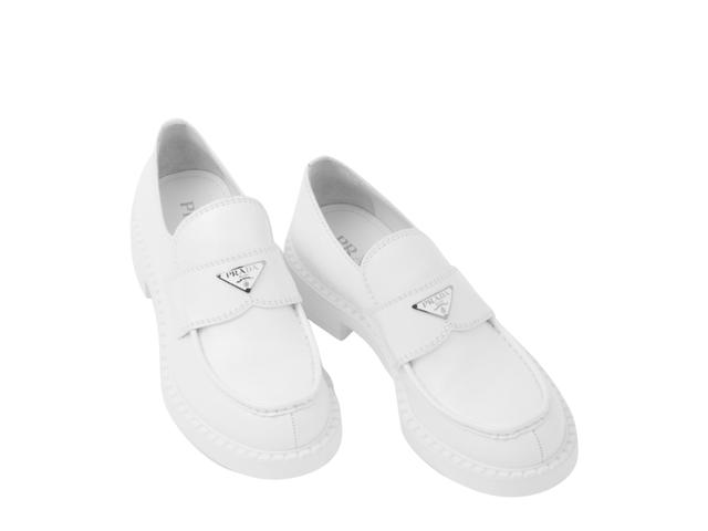 Prada Prada Chocolate Brushed Leather Loafers In Enameled Triangle Logo White - view 3