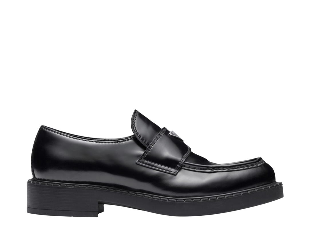 Prada Prada Chocolate Brushed Leather Loafers In Leather Insole With Enameled Triangle Logo On The Vamp Black