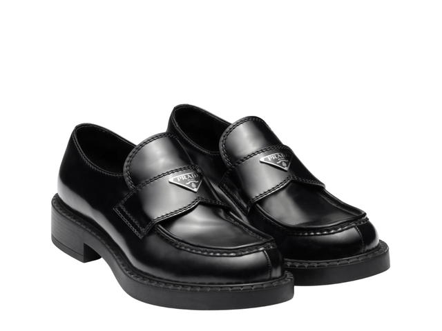Prada Prada Chocolate Brushed Leather Loafers In Leather Insole With Enameled Triangle Logo On The Vamp Black - view 2