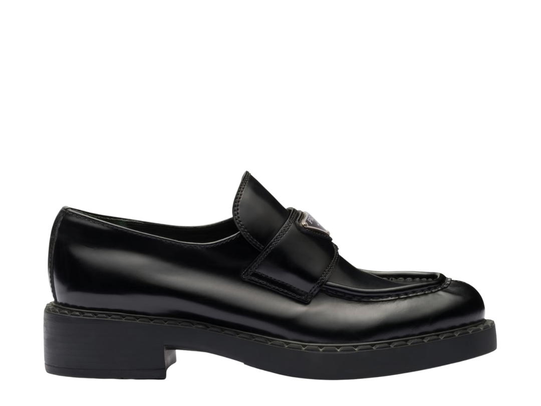 Prada Prada Chocolate Brushed Leather Loafers In Rubber Monobloc Sole With Enameled Metal Triangle Logo Black (W)