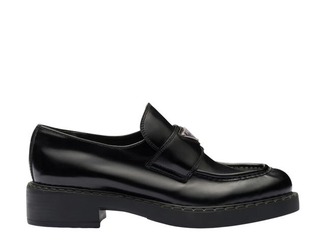 Prada Prada Chocolate Brushed Leather Loafers In Rubber Monobloc Sole With Enameled Metal Triangle Logo Black (W) - view 1
