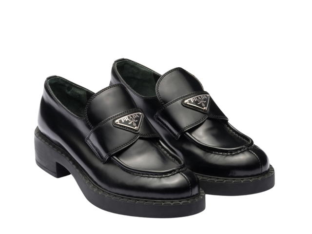Prada Prada Chocolate Brushed Leather Loafers In Rubber Monobloc Sole With Enameled Metal Triangle Logo Black (W) - view 2