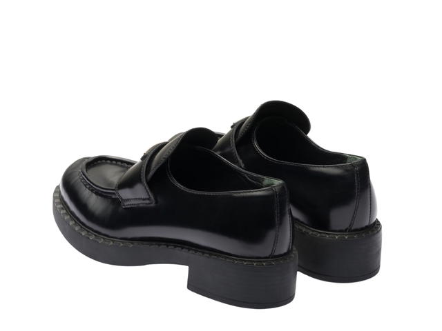 Prada Prada Chocolate Brushed Leather Loafers In Rubber Monobloc Sole With Enameled Metal Triangle Logo Black (W) - view 3