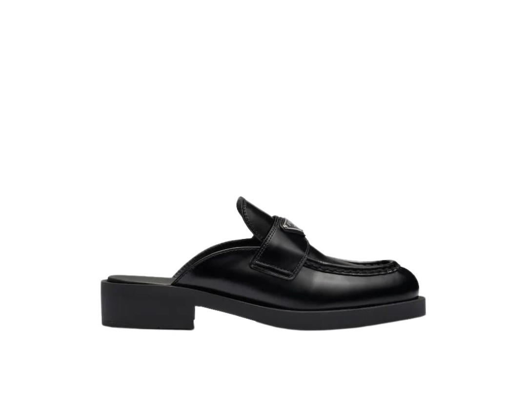 Prada Prada Chocolate Brushed Leather Mules With Enameled Metal Triangle Logo Black (W)