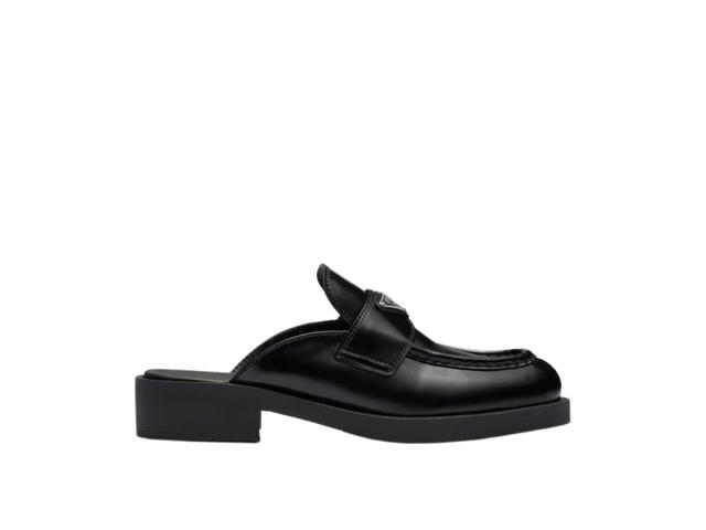 Prada Prada Chocolate Brushed Leather Mules With Enameled Metal Triangle Logo Black (W) - view 1