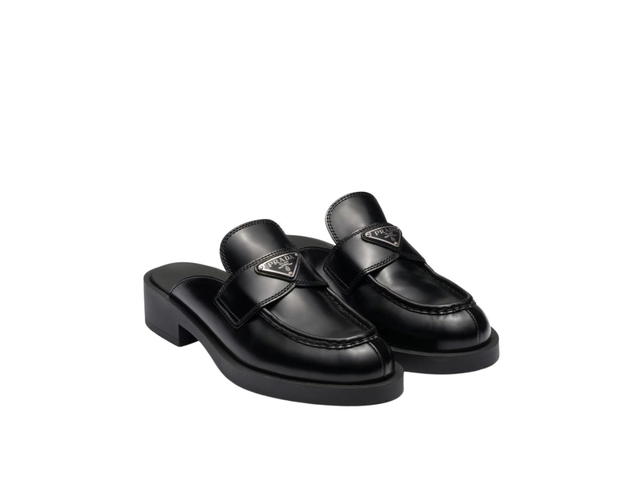 Prada Prada Chocolate Brushed Leather Mules With Enameled Metal Triangle Logo Black (W) - view 2