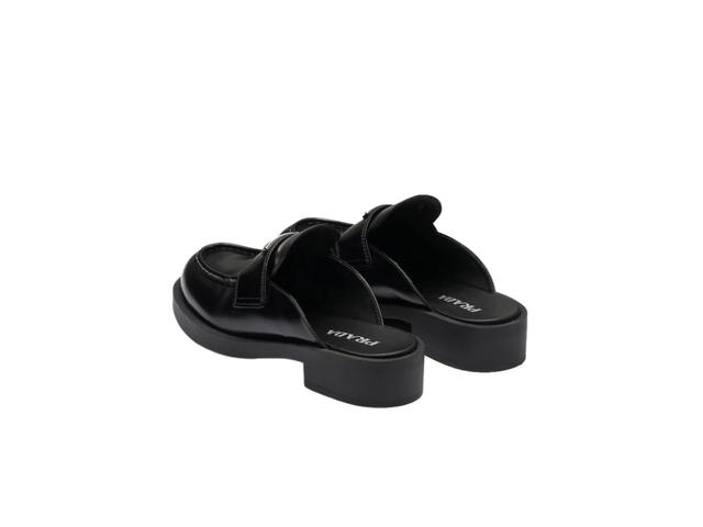 Prada Prada Chocolate Brushed Leather Mules With Enameled Metal Triangle Logo Black (W) - view 3