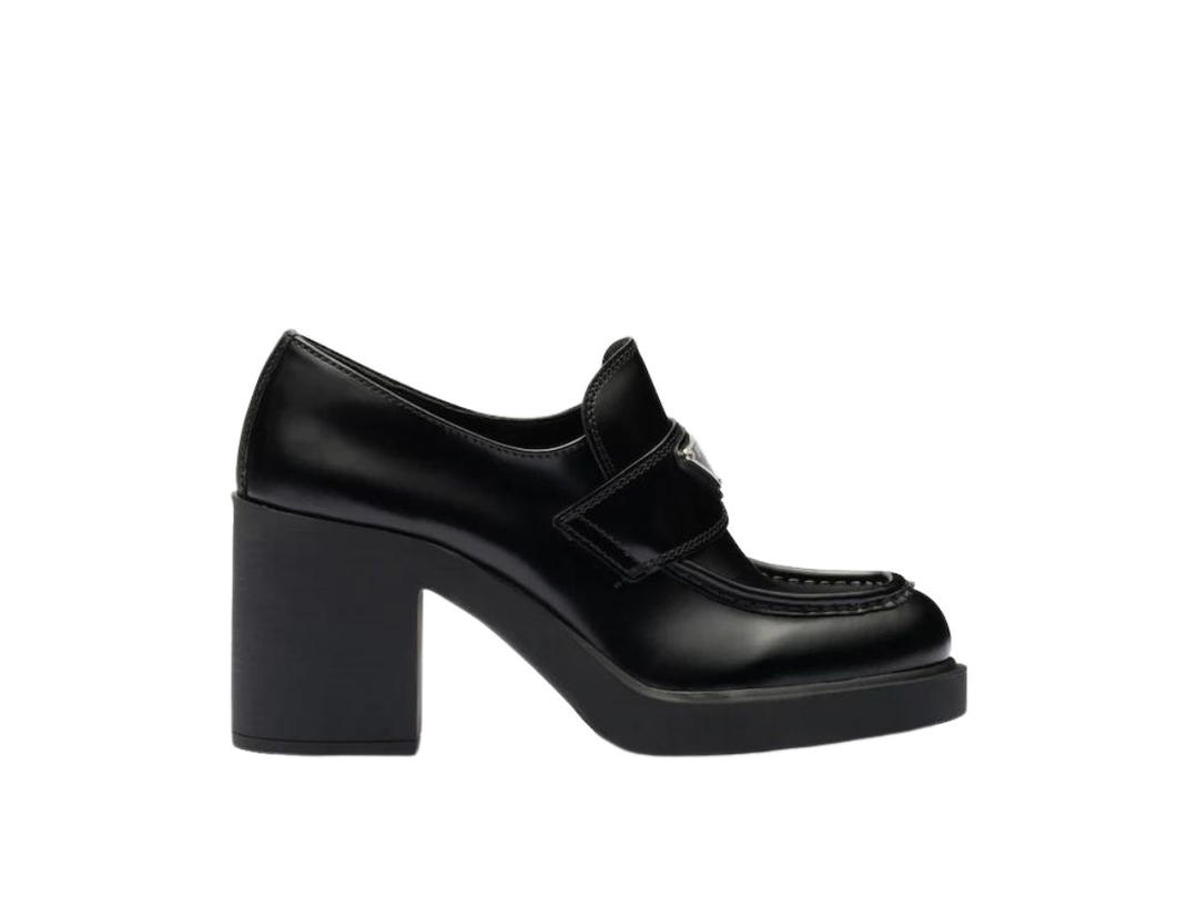 Prada Prada Chocolate High-Heeled Brushed Leather Loafers Black