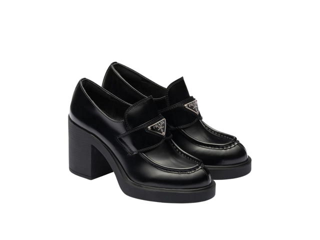 Prada Prada Chocolate High-Heeled Brushed Leather Loafers Black - view 2