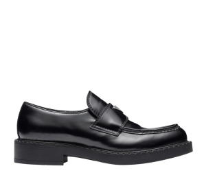 Buy Prada Chocolate Patent Leather Loafers In Rubber Monobloc Sole With Enameled Metal Triangle Logo Black (W) at Sasom – Authentic and Ready to Ship